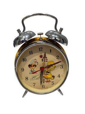 Vintage Diamond Brand Yellow Twin Bell Alarm Clock W/ Duck & Bird Illustration M